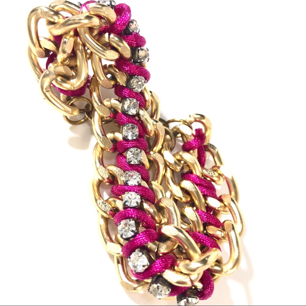 Gold Chain Bracelet Boho Pink Ribbon Rhinestones - Picture 2 of 3